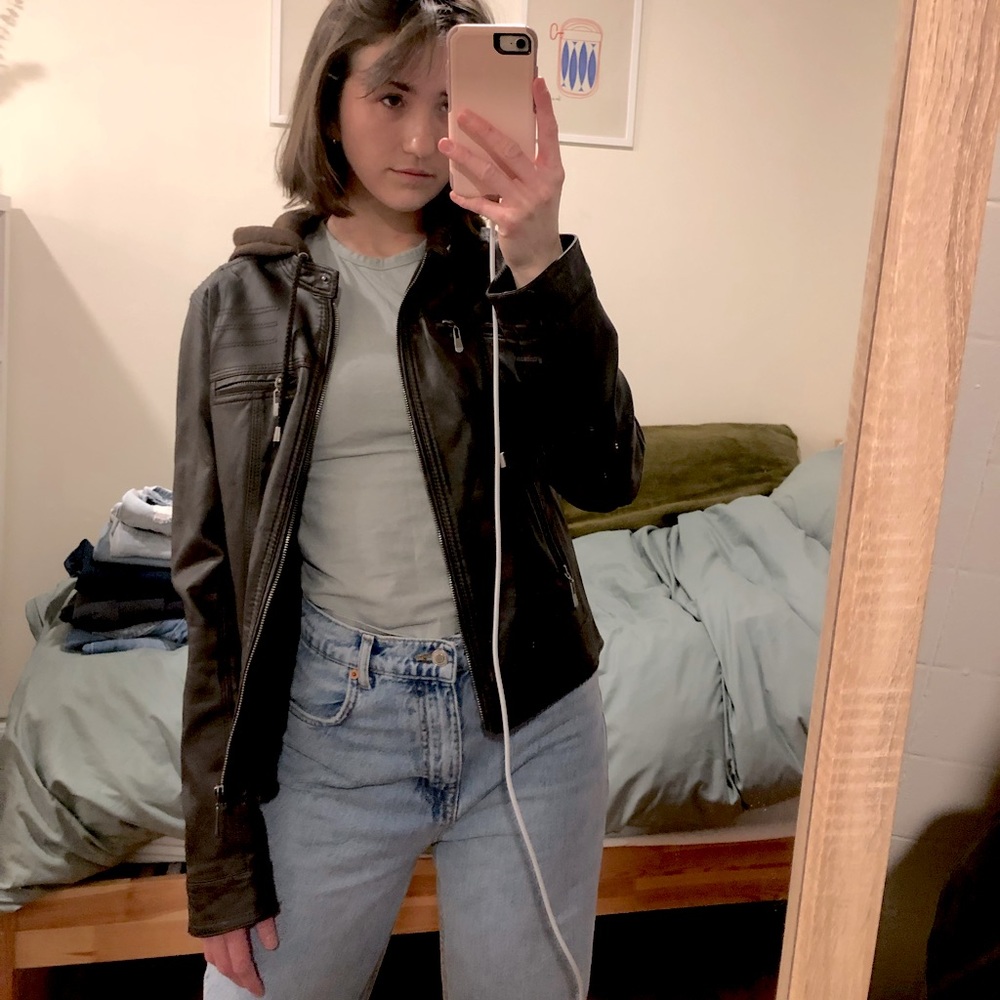 ⭐️UPDATED⭐️ Brown Faux Leather Jacket with Hood